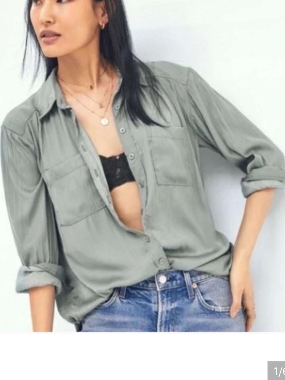 Mia & Tess Washed Grey and green Button-Up Shirt